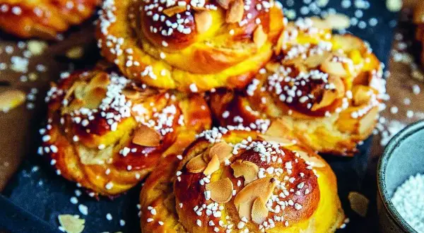 Gyllene bullar med mandelmassa, toppade med pärlsocker och mandelspån. Perfekta till fikat!