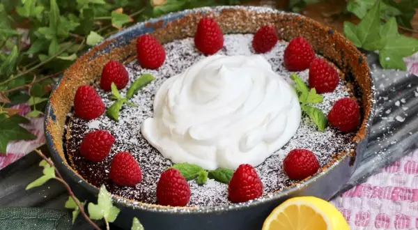 Chokladpaj med hallon och fluffig vegansk filmjölk, pudrad med florsocker. En citronskiva ligger bredvid.