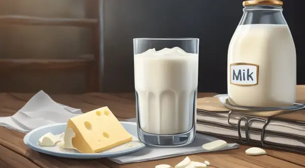 En glas filmjölk, en flaska mjölk och en bit ost på ett bord. Frågan "hur länge håller filmjölk" kan besvaras genom att titta på hållbarhetsdatumet.