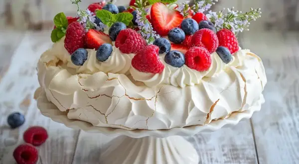 En vacker pavlova tårta med vispgrädde och färska bär som jordgubbar och hallon, dekorerad med mynta och små blommor.