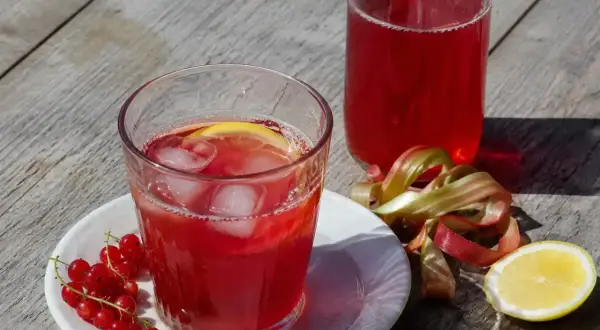 Ett glas med röd saft, is och citron, bredvid en flaska saft, röda vinbär och rabarber. Perfekt för att koka saft.