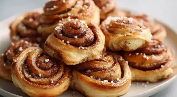 En hög med gyllene, glutenfria kanelbullar toppade med pärlsocker. Perfekt för fikat!