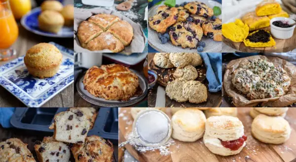En härlig samling av scones och tillbehör, från klassiska blåbärsscones till ostiga varianter och söta muffins. Perfekt för fikat!
