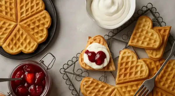 Hjärtformade belgiska våfflor med vispgrädde och sylt, redo att avnjutas.