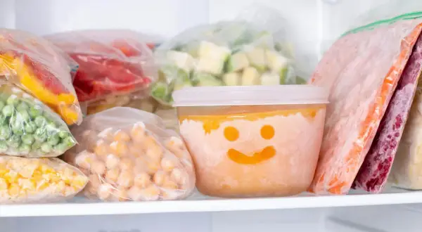 Frysta grönsaker och bär i frysen. En burk med glad smiley visar hur länge deg håller i kylen.