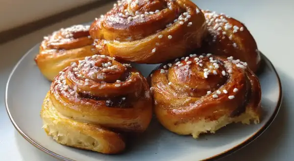 Färska kanelbullar med pärlsocker, redo att avnjutas. Ett perfekt kanelbullar recept för fika.