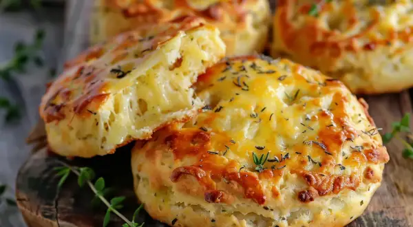 Saftiga scones utan smör, toppade med smält ost och örter. Perfekta för en mysig fika.