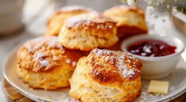 Nybakade scones utan mjölk, pudrade med florsocker, serveras med sylt och smör. En perfekt fika!
