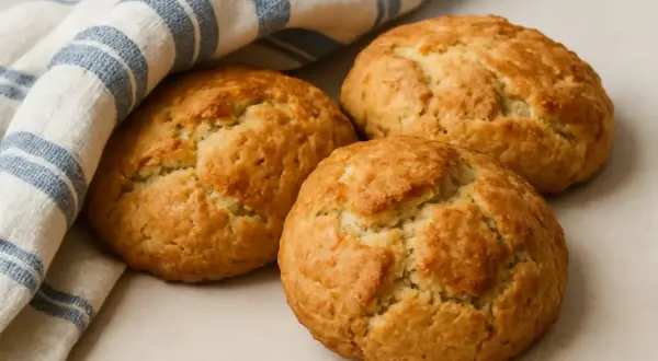 Tre gyllene, runda snabba scones med havregryn ligger på en ljus yta, delvis täckta av en randig kökshandduk.