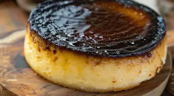 En krämig basque cheesecake med karamelliserad yta, serverad på en träskärbräda.