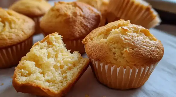 Nybakade, gyllene glutenfria muffins i pappersformar. En muffin är uppdelad och visar en fluffig insida.