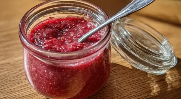 En burk med hemgjord jordgubbssylt, perfekt för ditt nästa jordgubbssylt recept. En sked vilar i sylten.