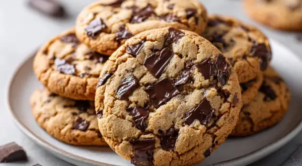 En hög med hembakade chocolate chip cookies, perfekta för ett enkelt recept.