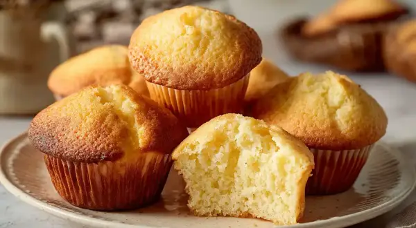 En hög med fluffiga muffins, perfekta att baka med bakpulver. En muffin är delad och visar en mjuk insida.