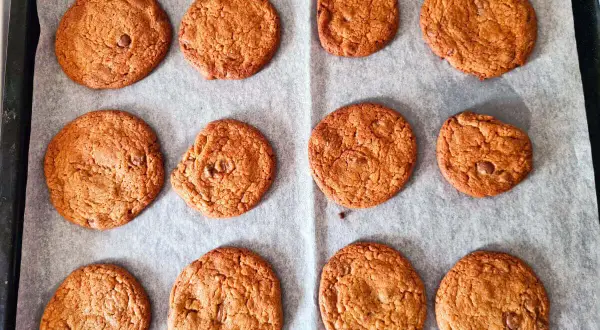 Tolv gyllene chocolate chip cookies utan farinsocker ligger på ett bakplåtspapper. De ser perfekta ut!