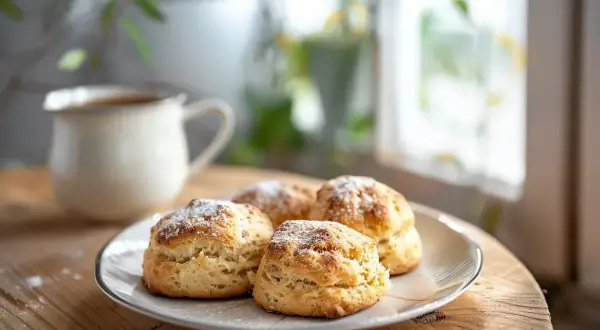 Färska scones med lite florsocker på, serverade på en tallrik bredvid en mjölkkanna med kaffe. En mysig fika.