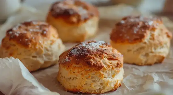 Färska scones rågsikt, pudrade med florsocker, ligger på bakplåtspapper. Perfekta för en mysig fika.