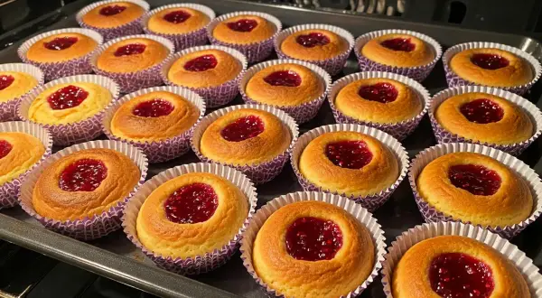 Nybakade hallongrottor med sylt i mitten, redo att avnjutas. Ett perfekt hallongrottor recept för fikat.