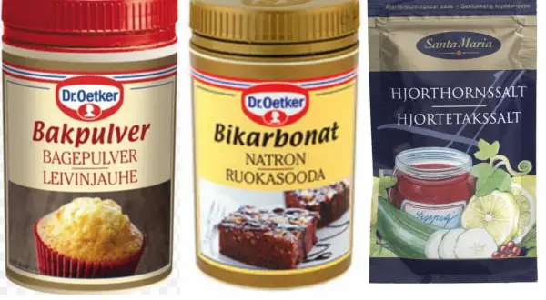 Bikarbonat istället för hjorthornssalt? Här finns Dr. Oetkers bakpulver och bikarbonat bredvid Santa Marias hjorthornssalt.
