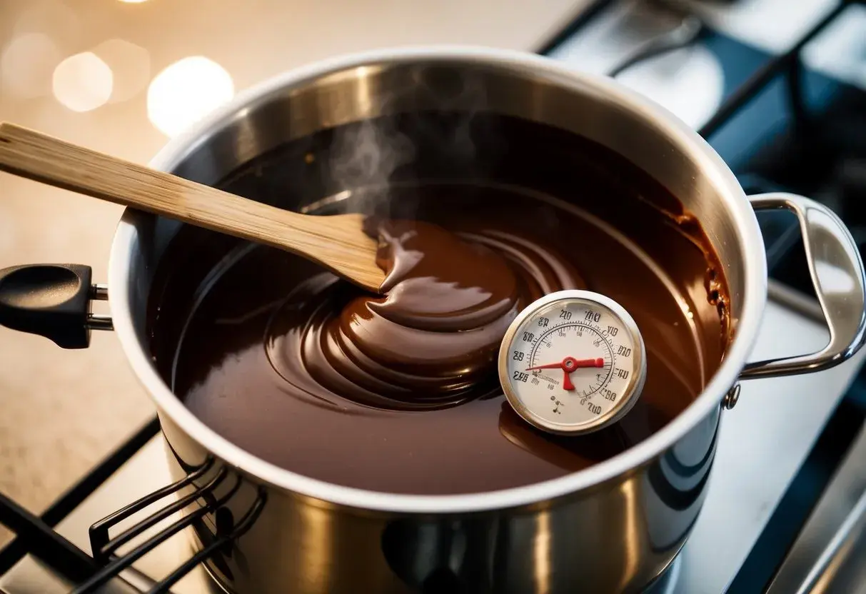 Smält choklad i kastrull med termometer. En träsked rör om den blanka, flytande chokladen. Perfekt för att temperera choklad.