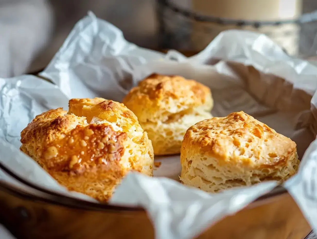 Tre gyllene scones i en korg, bakade till perfektion i en stekpanna. Ljuvligt fluffiga och redo att avnjutas.