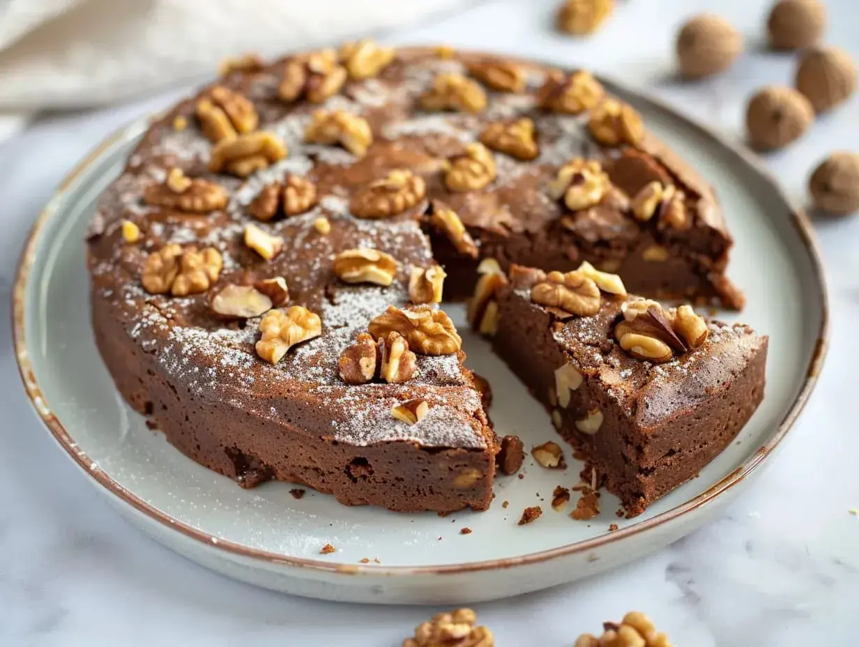 En saftig kladdkaka med valnötter, pudrad med florsocker. Perfekt för att frysa in och njuta av senare.
