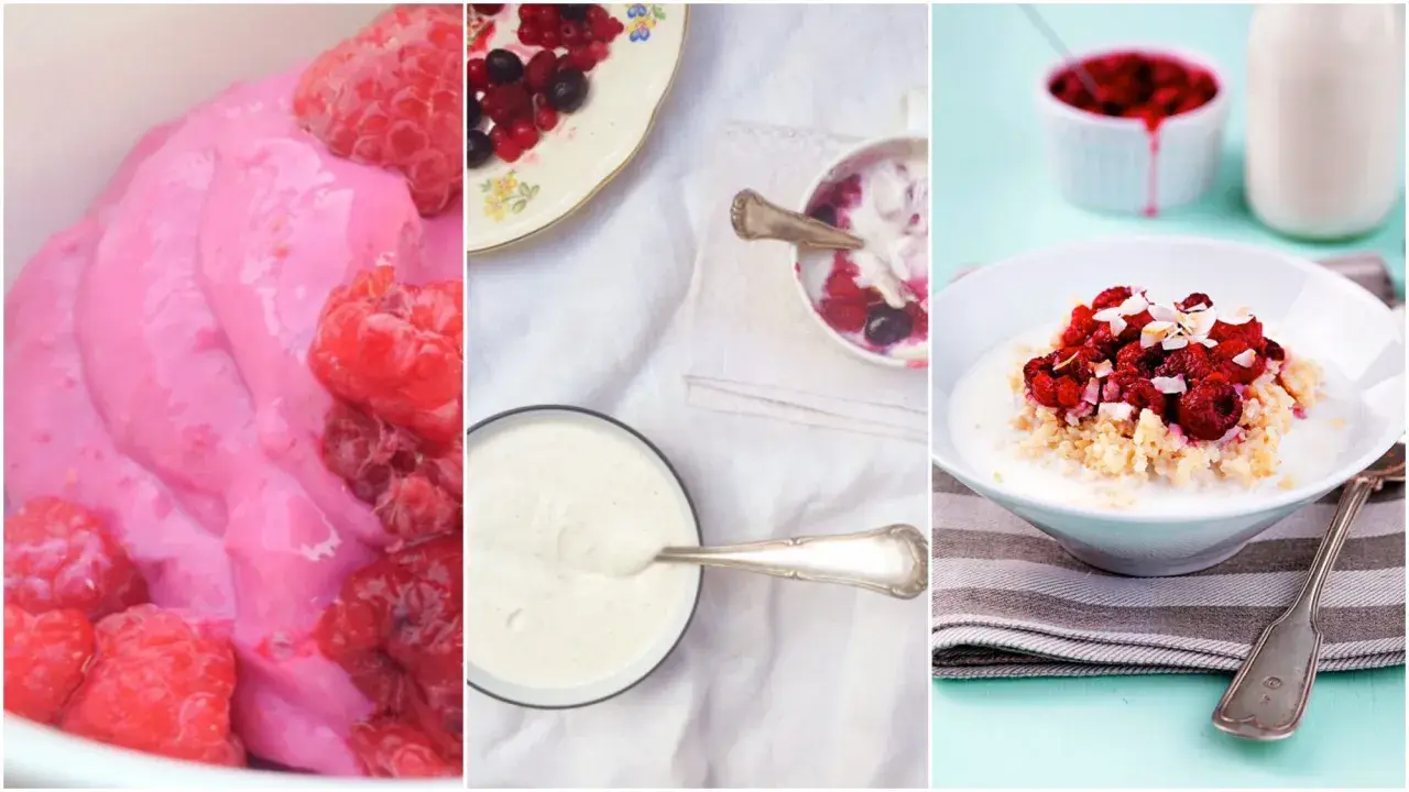 Tre bilder visar fil yoghurt med bär och flingor. En rosa fil yoghurt med hallon, en skål med fil yoghurt och bär, samt en skål med gröt, fil yoghurt, hallon och kokosflingor.