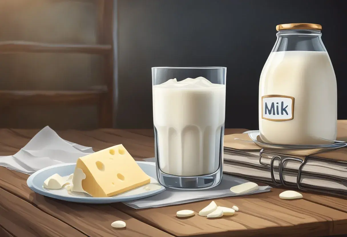 En glas filmjölk, en flaska mjölk och en bit ost på ett bord. Frågan "hur länge håller filmjölk" kan besvaras genom att titta på hållbarhetsdatumet.