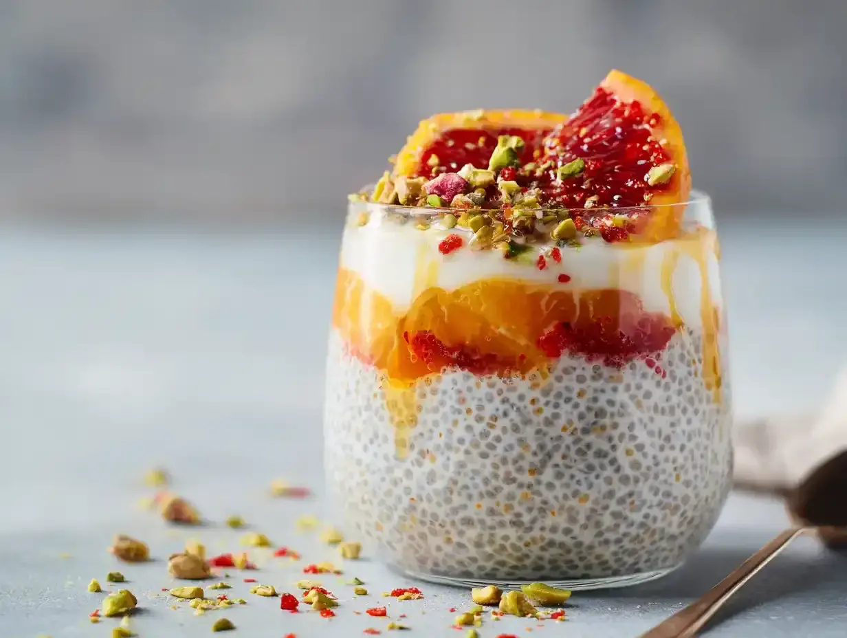 En läcker chiapudding med kvarg, apelsin och blodapelsin, toppad med pistagenötter.