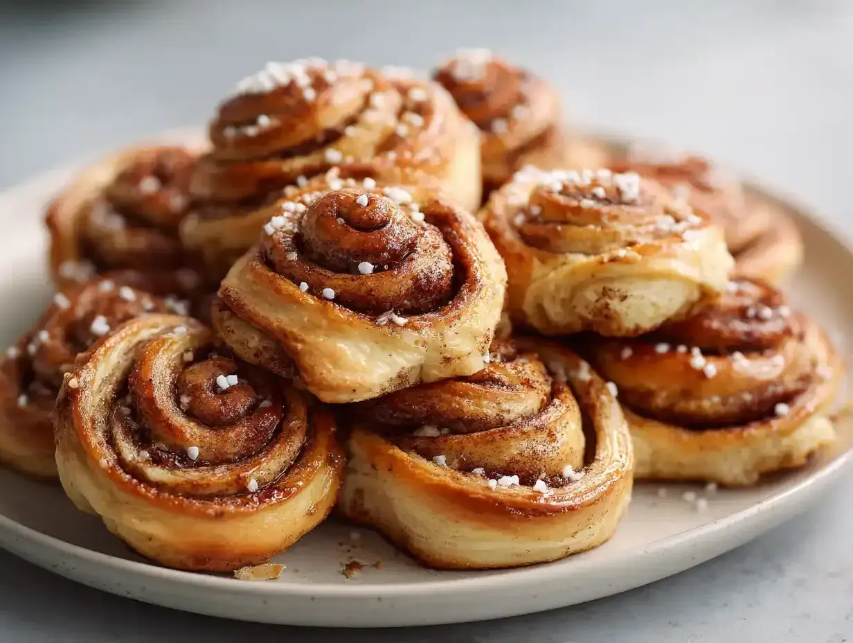 En hög med gyllene, glutenfria kanelbullar toppade med pärlsocker. Perfekt för fikat!