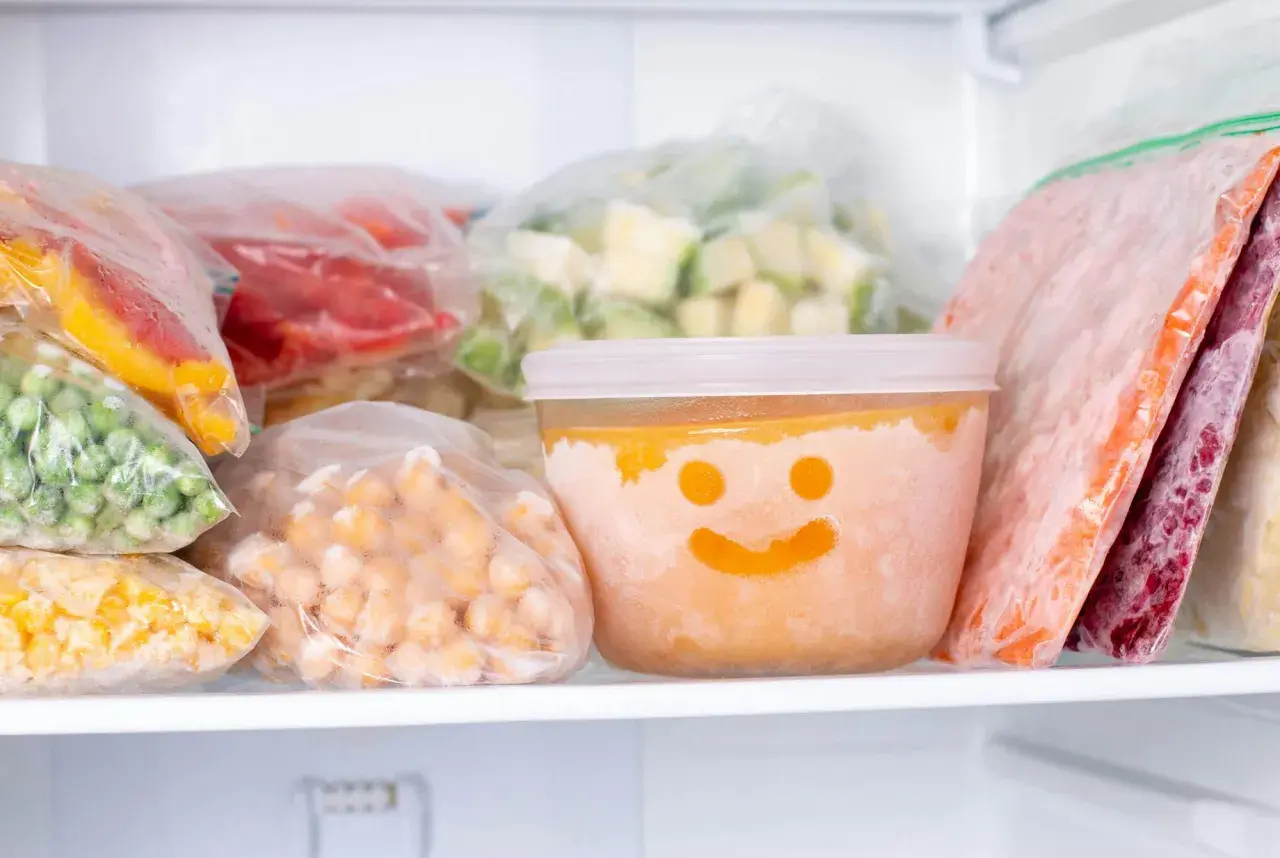 Frysta grönsaker och bär i frysen. En burk med glad smiley visar hur länge deg håller i kylen.
