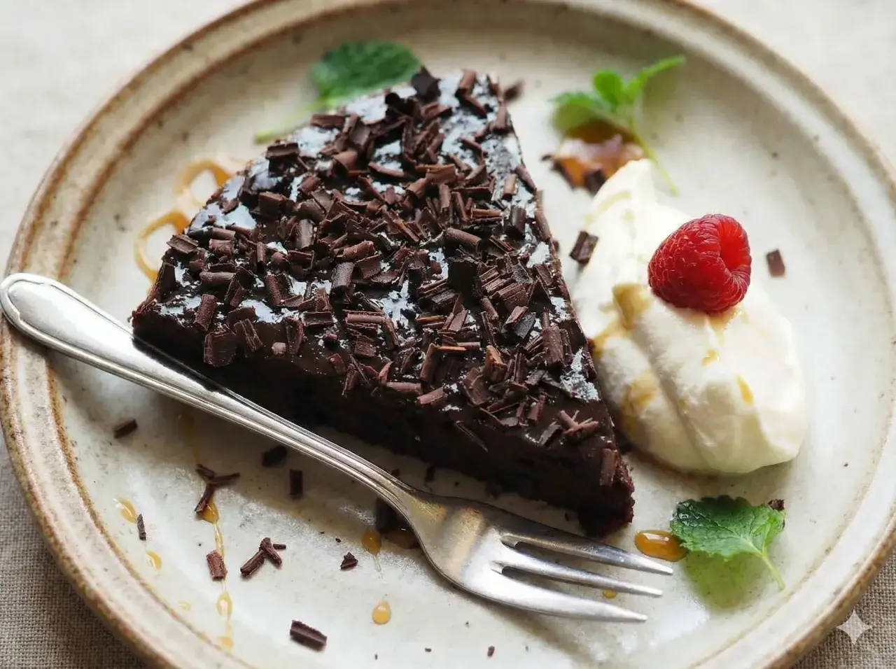 En bit kladdkaka toppad med chokladspån, serverad med vispad grädde, hallon och mynta. Perfekt för den som vill ha glutenfria kladdkakemuffins.
