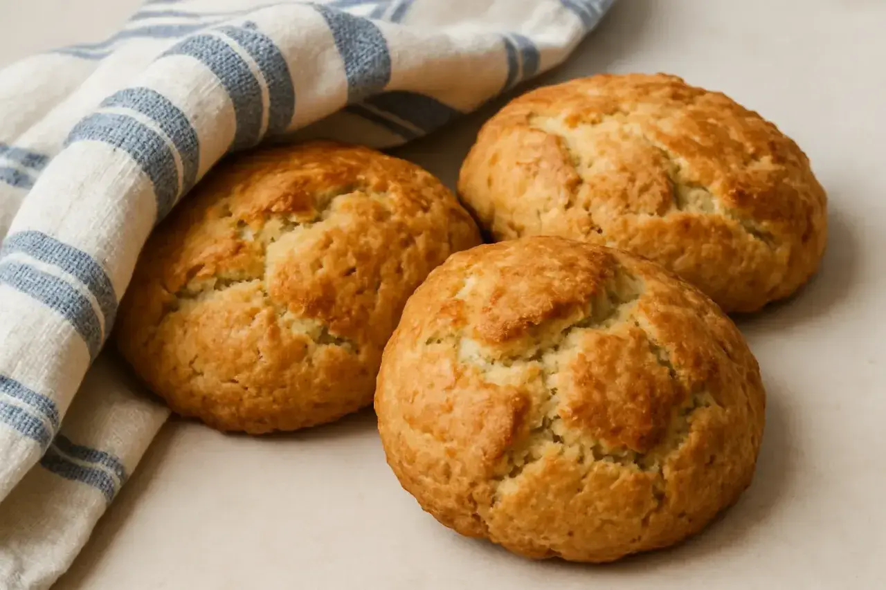 Tre gyllene, runda snabba scones med havregryn ligger på en ljus yta, delvis täckta av en randig kökshandduk.