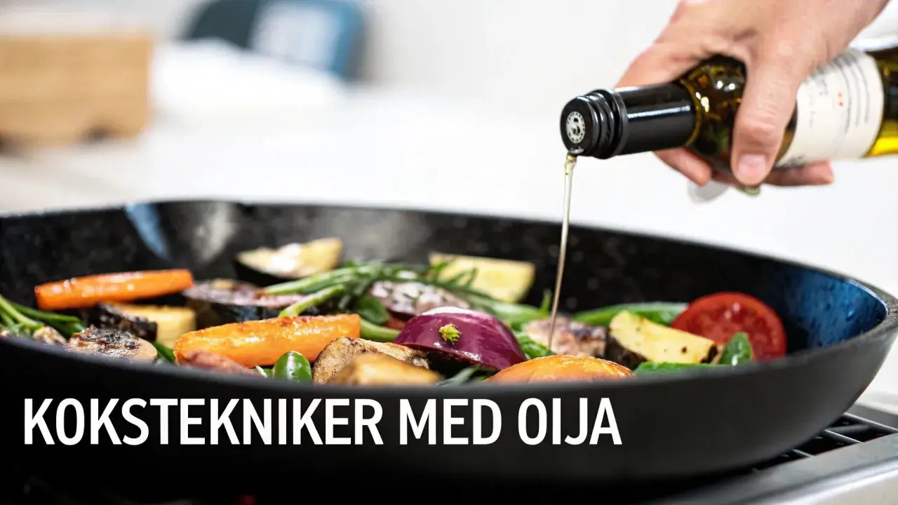 En hand häller rapsolja över grönsaker i en stekpanna. Smör och rapsolja istället för smör är en bra idé för hälsan.