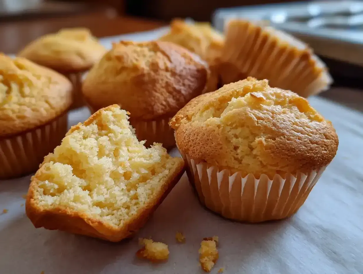 Nybakade, gyllene glutenfria muffins i pappersformar. En muffin är uppdelad och visar en fluffig insida.