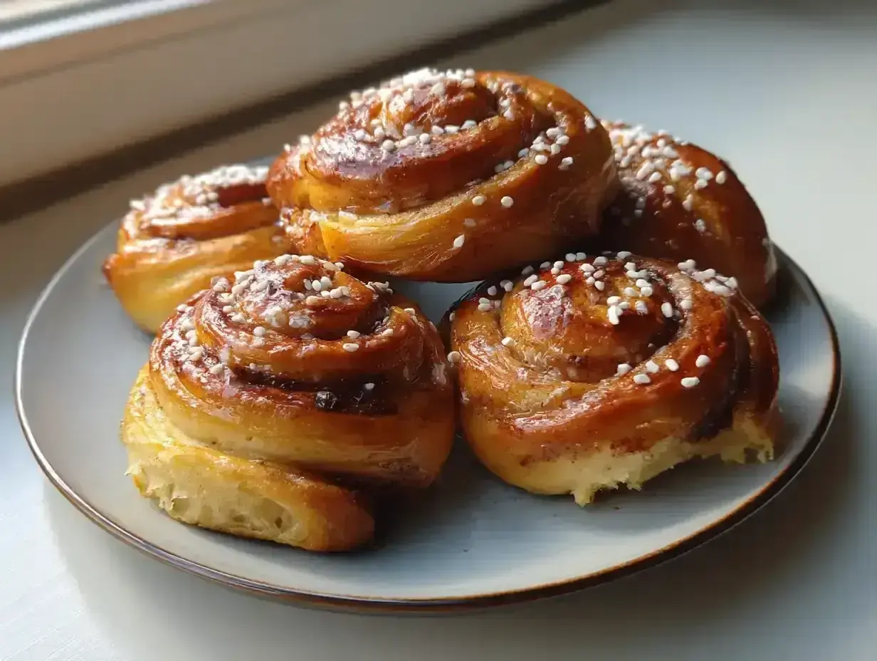 Fem gyllene kanelbullar med pärlsocker på en blågrå tallrik. Perfekt för att grädda bullar varmluft eller inte.