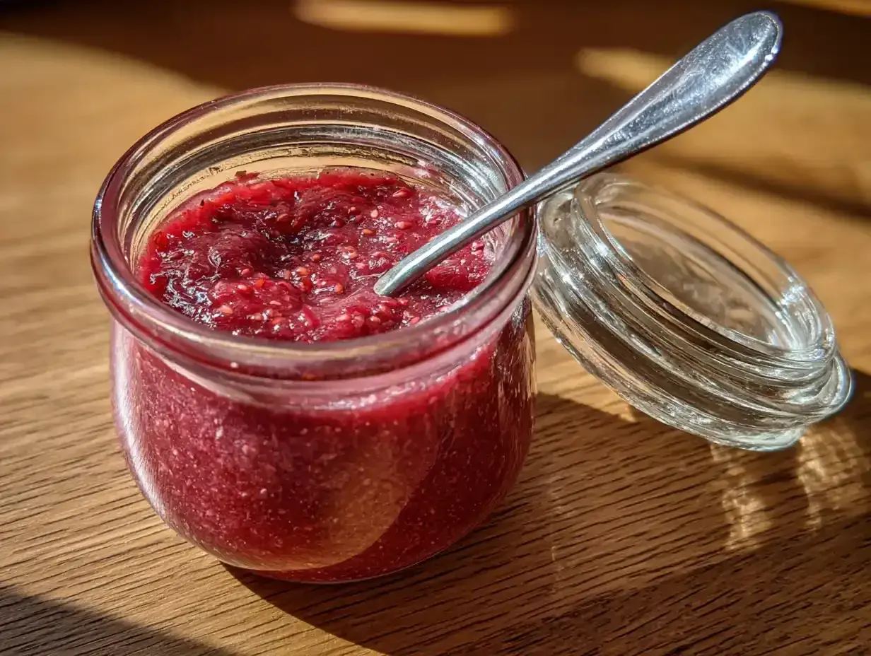 En burk med hemgjord jordgubbssylt, perfekt för ditt nästa jordgubbssylt recept. En sked vilar i sylten.