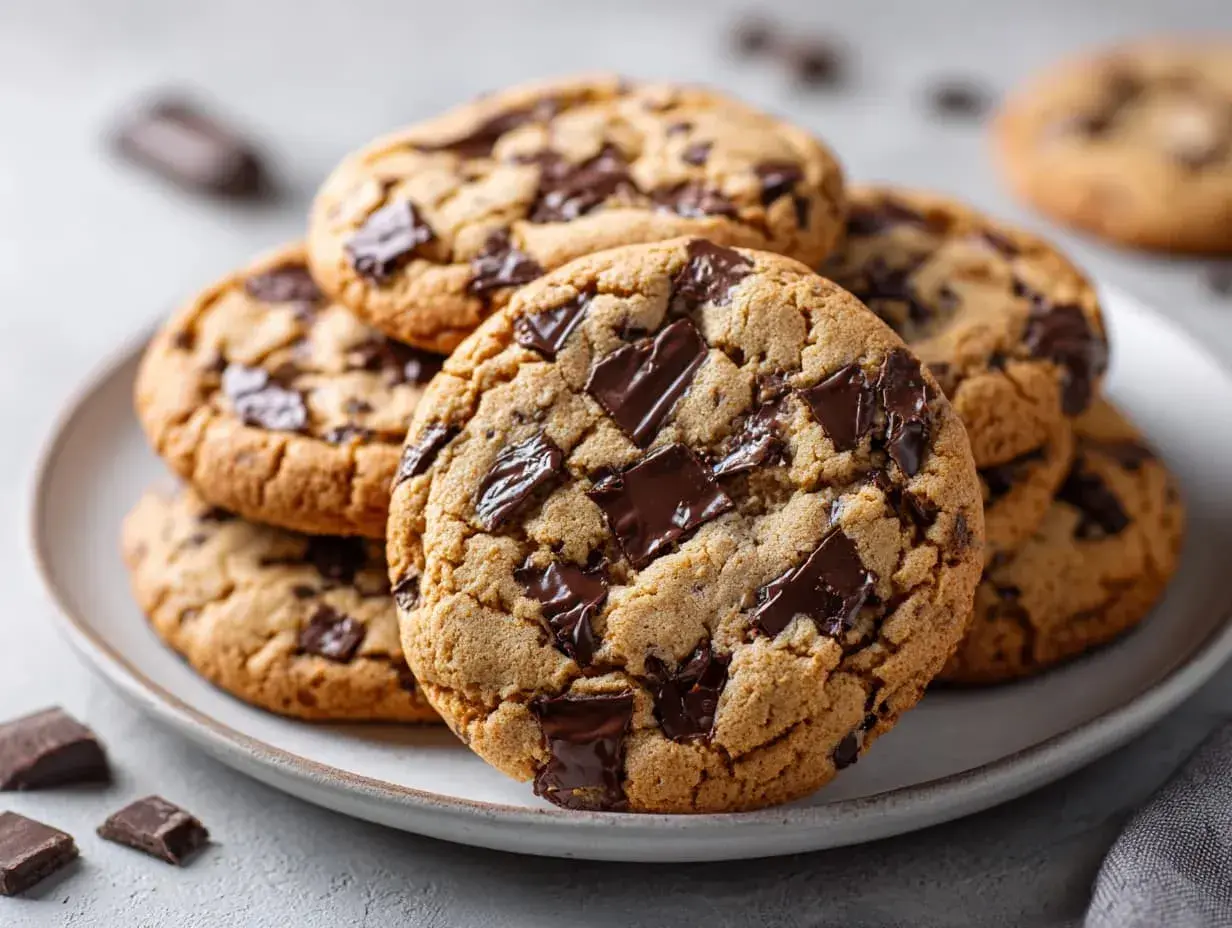 En hög med hembakade chocolate chip cookies, perfekta för ett enkelt recept.