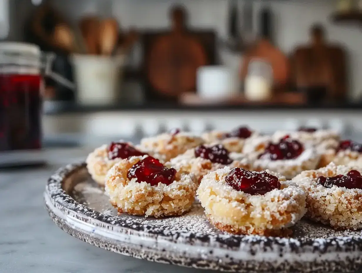 Små syltkakor med sylt i mitten, pudrade med florsocker. Perfekta för ett enkelt syltkakor recept.