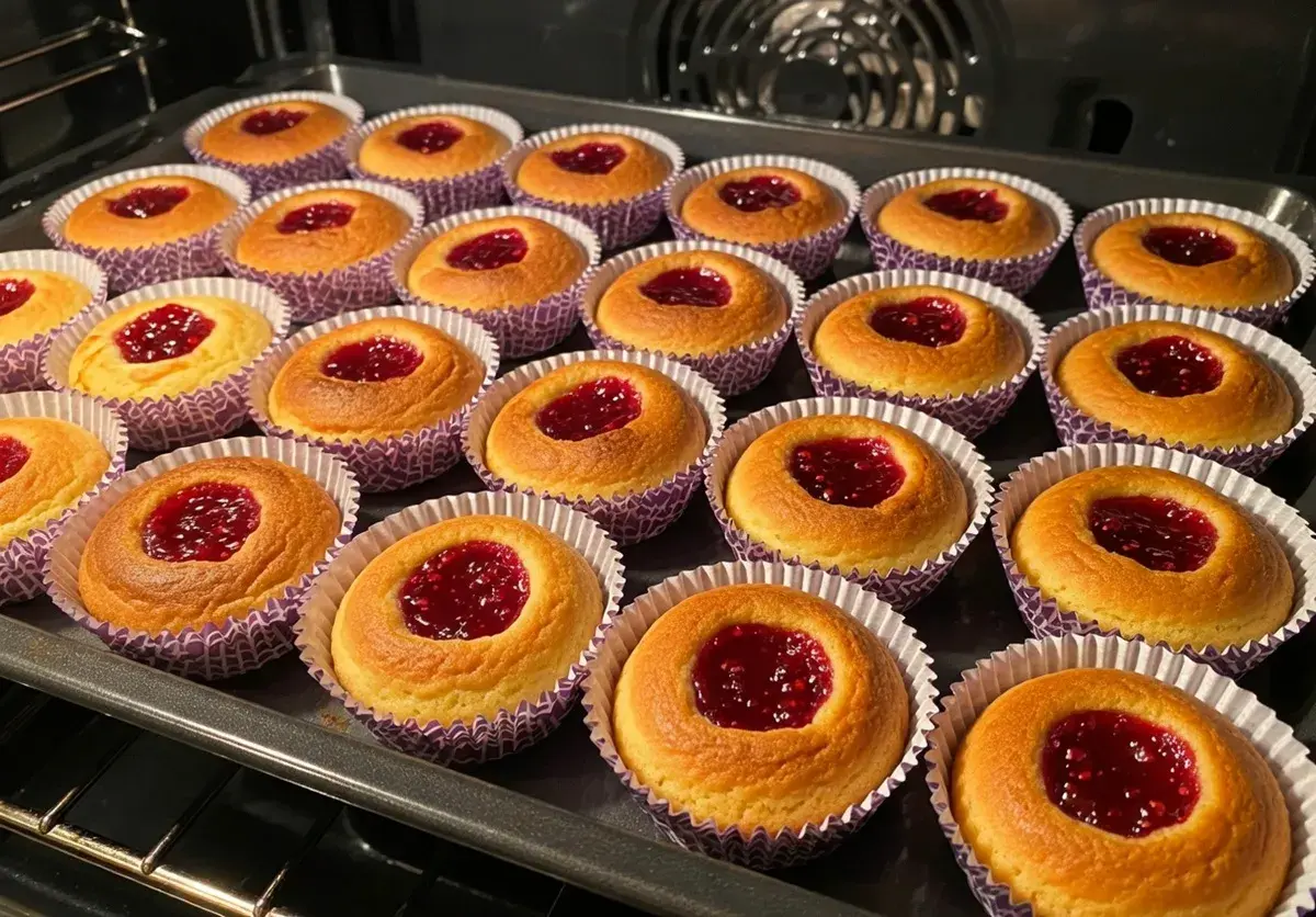 Nybakade hallongrottor med sylt i mitten, redo att avnjutas. Ett perfekt hallongrottor recept för fikat.