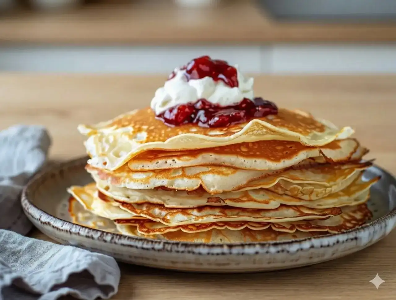 En hög med fluffiga pannkakor toppas med vispgrädde och sylt. Perfekt för en frukost eller fika, och ja, man kan frysa in pannkakor för senare njutning!