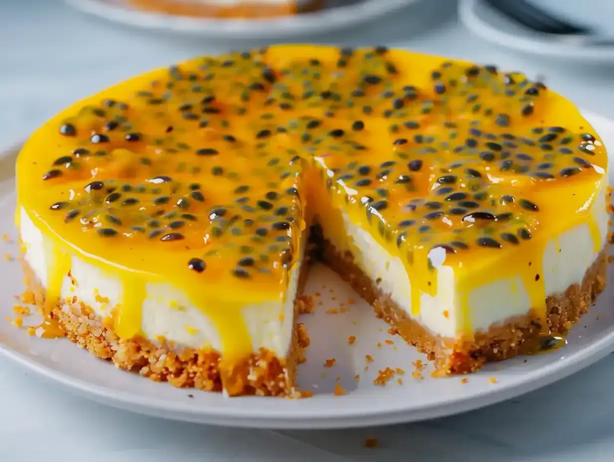 En krämig cheesecake med passionsfrukt som toppning, en härlig dessert för alla som älskar passionsfrukt.