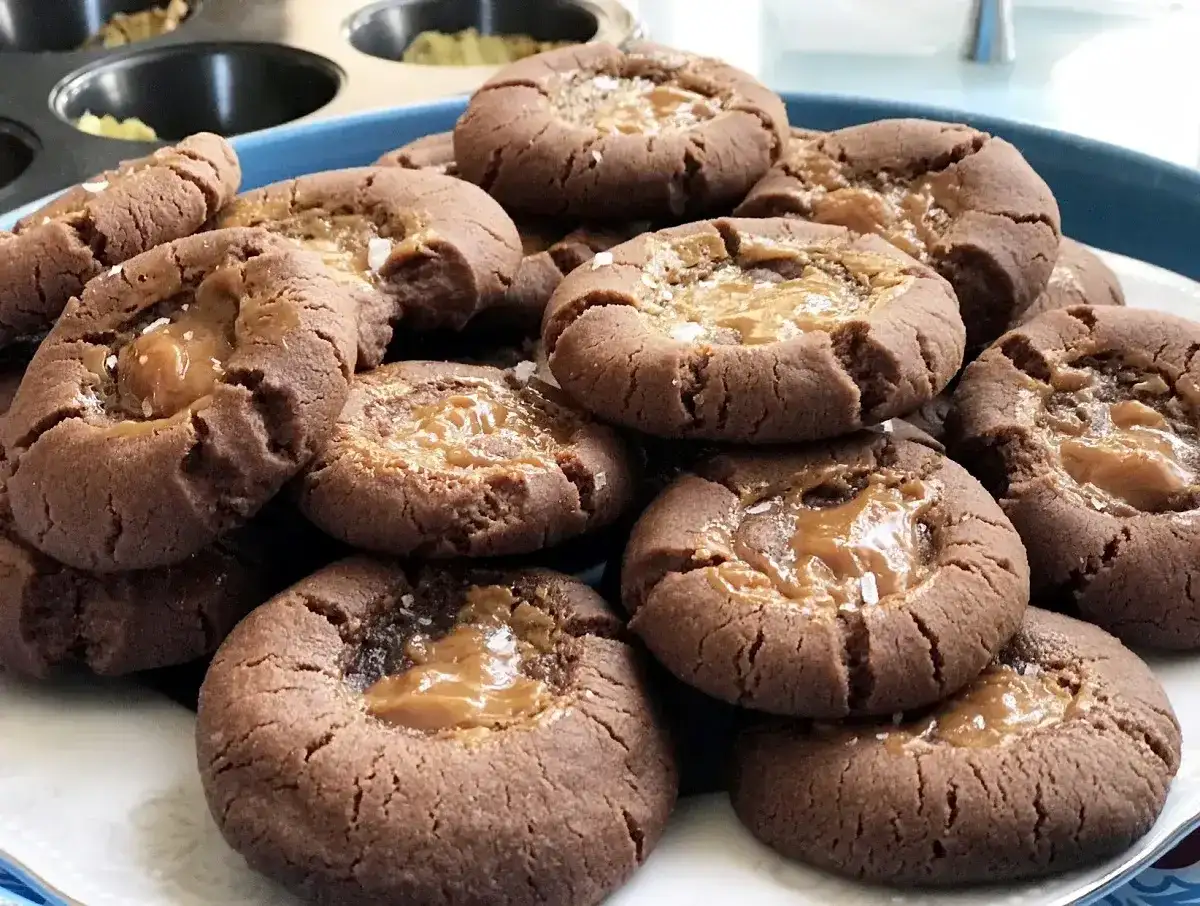 Chokladkakor med kolafyllning, strösslade med flingsalt. Perfekta kakor som går att frysa för senare njutning.