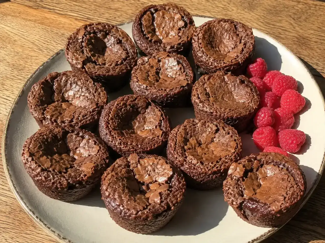 Kladdkakemuffins recept: Mörka, saftiga kladdkakemuffins på en tallrik med färska hallon. Perfekt för fikat!