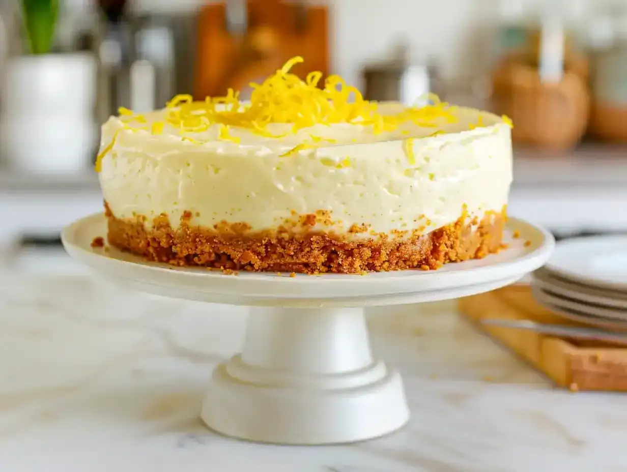 En krämig citron cheesecake med krispig botten och citronskal som dekoration. Perfekt för en somrig fika.