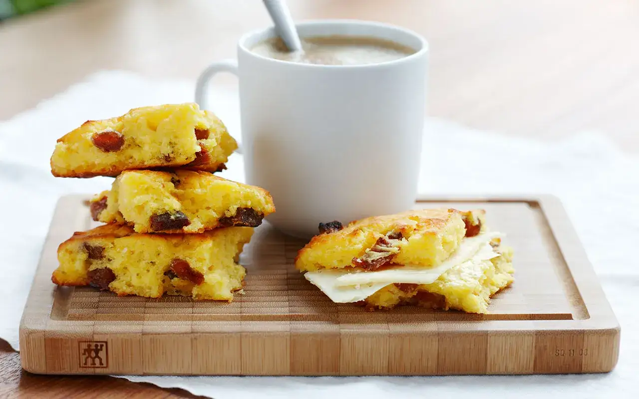 Scones med majsmjöl och russin, en med ost, bredvid en kopp kaffe.