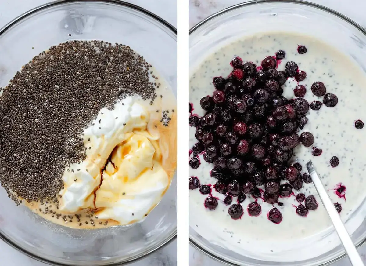 Chiapudding kvarg med blåbär. En skål med chiafrön, kvarg och honung, bredvid en skål med färdig chiapudding kvarg toppad med blåbär.