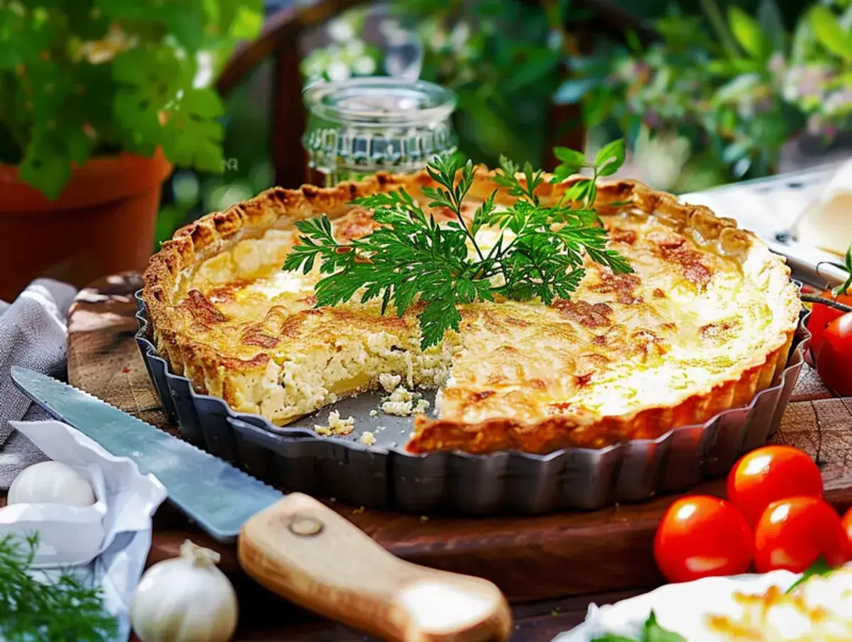 En gyllene paj med glutenfri pajdeg, fylld med ost och örter, serveras utomhus med tomater och vitlök.