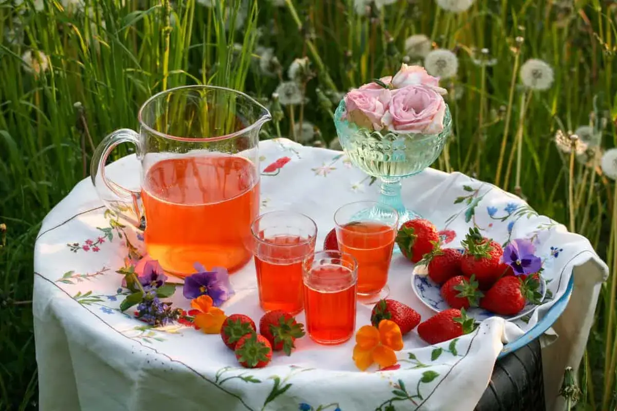 En kanna och glas med jordgubbssaft, färska jordgubbar och blommor på en duk i gräset. Perfekt för ett jordgubbssaft recept.