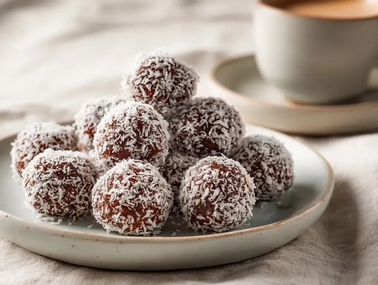 En h&ouml;g med chokladbollar, rullade i kokosflingor, redo att avnjutas. Ett enkelt chokladbollar recept f&ouml;r fikat.